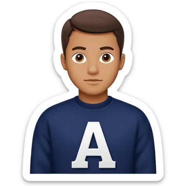 man wearing a dark navy sweater with a giant white letter A on the upper right of the chest in collegiate font sticker