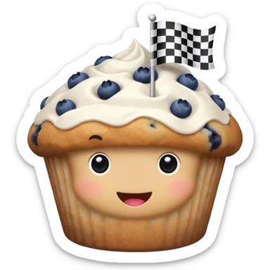 blueberry muffin next to a checkered flag sticker