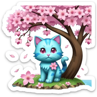 Cyan cat hold TNT from the game Minecraft standing under the sakura tree  sticker