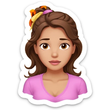 girl with wavy long ponytail brown hair, brown eyes, light to medium complexion, long lashes, light pink lipstick, wearing light pink shirt, in a sauna sticker