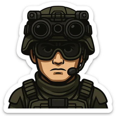 Change to a different, distinctive modern helmet design with night vision goggles, keep white-skinned male soldier, green gear, cool and brutal style, in emoji style, no background. sticker