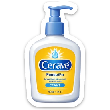 White CeraVe pump bottle with blue label and bright yellow  glow badge. Floating in golden morning light, encircled by radiant sunbeams and shimmering protective particles. A shield of light surrounds it like a solar barrier. Glossy, potion-like, symbolizing daily moisture and powerful sun defense. sticker