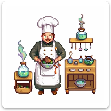 Ein magischer Bäcker mit gläsernen Kolben, dampfenden Mischungen und einem Ofen mit Messingverzierungen. Die UI hat Texturen wie altes Pergament, Rauchschwaden als Hover-Effekt, und Buttons wie Kristallknöpfe.
 sticker