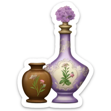 Antique perfume bottle with flowers and herbal sticker