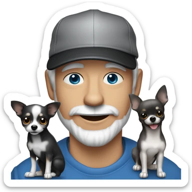 blue eyes gray hair gray goatee man in ball cap holding black longhair chihuahua  sticker