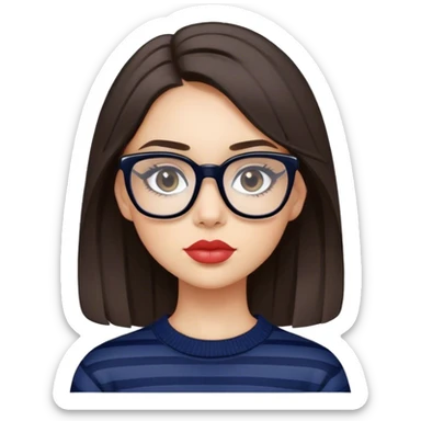 Brunette girl with gray eyes, black semi square glasses wearing a navy sweater with white stripes and lip gloss sticker