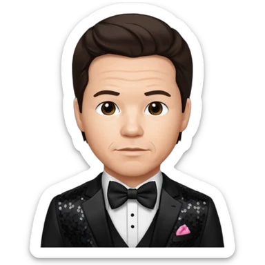 Mark Wahlberg with dark brown hair, black sequin suit with bow tie sticker