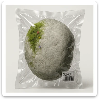 smooth light gray boulder, mostly stone with some green moss and a few tiny multicolored flowers, shiny and inflated sticker