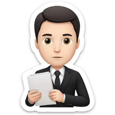 A white man in a black suit stands with a serious face and points at his hand holding papers. sticker