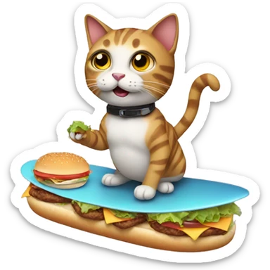 Cat holding a burger while surfing sticker