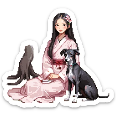 A young Chinese girl with long black hair and a dark grey Italian Greyhound with absolutely no white marks on its body or nose sitting under a cherry blossom tree sticker