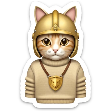 cat wearing a sweater and a trojan helmet sticker