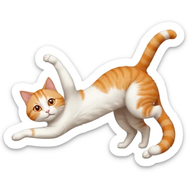ginger and white cat with orange eyes doing a big extremely long stretch reaching up into the air with arms and legs side by side together straight and overextended whilst lying on its side sticker