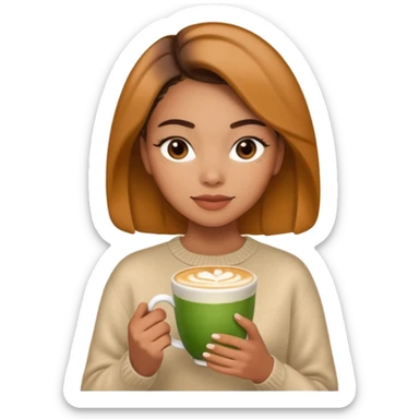 Mixed-race woman with caramel skin, wearing a beige cashmere sweater, holding a cup of matcha latte sticker