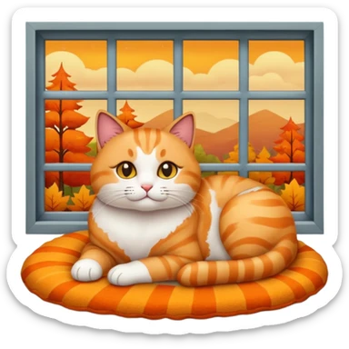 curled-up cat emoji on a rug with a rainy window and autumn tones in the background sticker