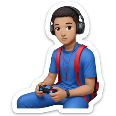 Black Muslim gamer sitting in a gaming setup with LED lights (red/blue), PS5 2025 controller in hand, confident pose, headphones around neck, posters and shelves in background, high-resolution portrait, crisp details, cinematic lighting. sticker