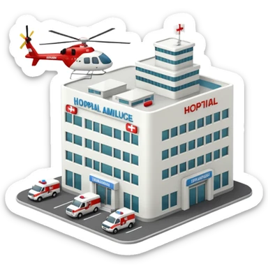 3d hospital outside, with text hospital, ambulance, helicopter , no background sticker