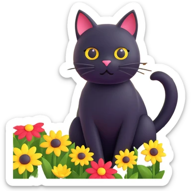A black cat with a flower on its head in a field of flowers sticker