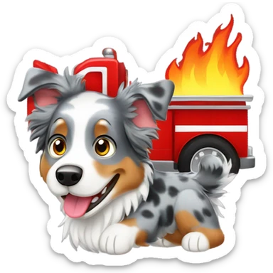 Blue Merle Australian Shepard riding in fire truck sticker