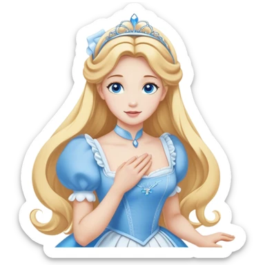 Cinematic Elegant Cinderella Portrait Emoji, Graceful and poised in her classic maid attire, golden locks cascading softly, bright blue eyes full of hope, a gentle glow of kindness and determination, delicate and humble yet undeniably beautiful, evoking the moment before her magical transformation, pure enchantment in her gaze! sticker
