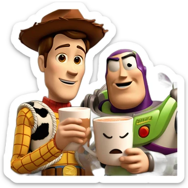 buzz et woody se serre la main avec un chocolat chaut sticker