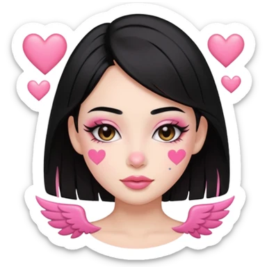 “Emoji girl, pastel pink streaks in black hair hair, bold winged eyeliner, heavy blush on cheeks and nose bridge, under-eye hearts, glossy pink lips, playful smirk.” sticker