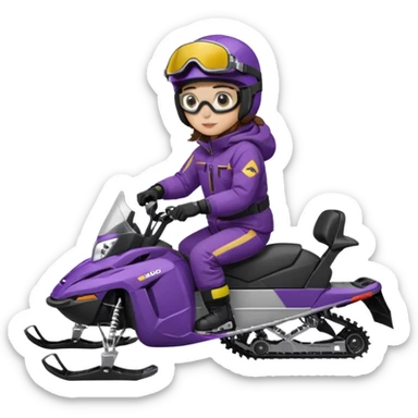Brown hair, ski-doo jacket and pants ski doo boots helmet and goggles, dark purple sled Sitting on dark purple snowmobile goggles and helmet not covering my face brown eyes white skin sticker