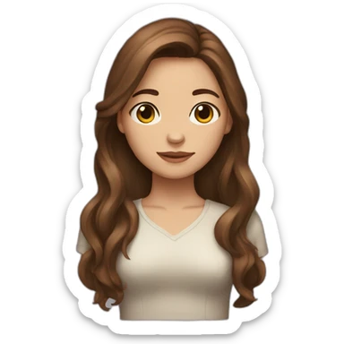 brown-haired woman with long hair, brown eyes, showing a heart sticker