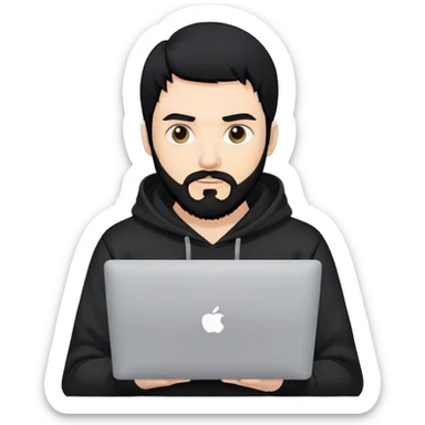 hackeur blanc cheveux noir barbe et capuche noir avec un macbook sticker