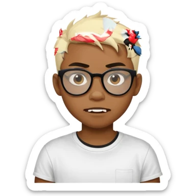 Black Male Teenager with Short punk messy blonde hair, Dark brown bushy eyebrows large expressive golden-brown eyes, wearing a plain white t-shirt, wearing thick black glasses, Dark Brown skin color. vampire tooth sticker
