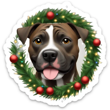 All brindle pittie wearing a Christmas wreath Christmas lights around neck sticker