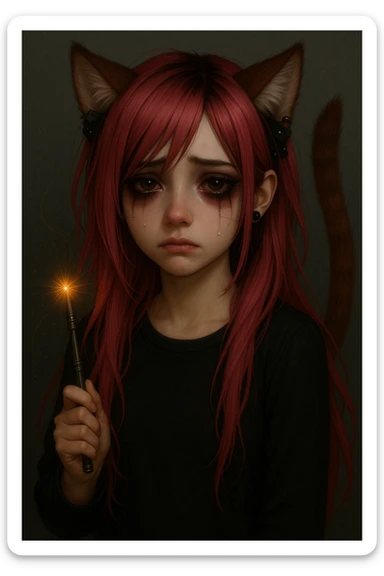 Transform the character into a realistic anime style with an emo aesthetic. Include side-swept bangs, darker makeup, black and pink accessories, and a moody vibe. Keep the sad expression, pink hair, magical accessory, and sparkles as in the original image. sticker
