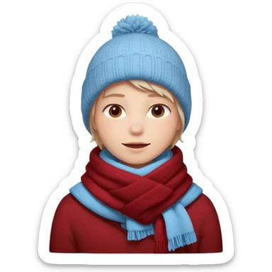 Fantasy human portrait emoji, deep red winter scarf covered with light frost, cozy but cold winter mood, slightly rosy cheeks, icy blue shadows, clean minimal emoji style, male/female variant
 sticker