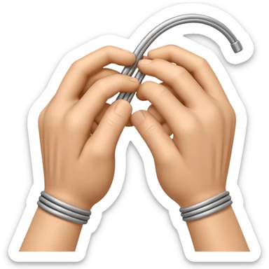 Apple-style 3D emoji showing two cartoon hands bending a thin metal or plastic rod, with small motion lines around the center to show tension and bending force, dynamic and expressive design, no background. sticker