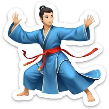 Emblem symbolizing Wushu martial arts. A graceful martial artist performs a dynamic kung fu pose, with flowing movements and a long, elegant robe. The background features stylized clouds and traditional Chinese symbols, representing fluidity, balance, and precision. Transparent background. sticker