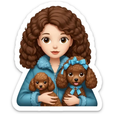 A girl who has long brown hair and wears a fur jacket holds a brown poodle sticker