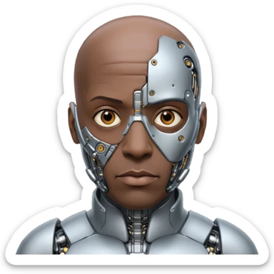 bald black man, vertical half of his face covered in cyborg augmentations sticker