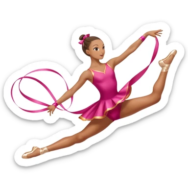 A graceful rhythmic gymnast performing with a flowing ribbon, executing an elegant leap mid-air. The pose exudes flexibility, balance, and artistry. The background suggests a competition arena with soft lighting, emphasizing movement, precision, and the beauty of the sport. sticker