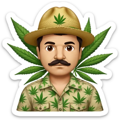 Mexican drug lord El Chapo with mustache and cannabis leaf patterned shirt sticker