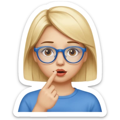 Blonde girl with brown eyes,  blue glasses saying shhhh with her finger to her lips sticker