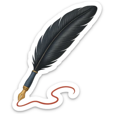 Quill pen with red ink, gold nib, black feather, blue handle, elegant literary style sticker
