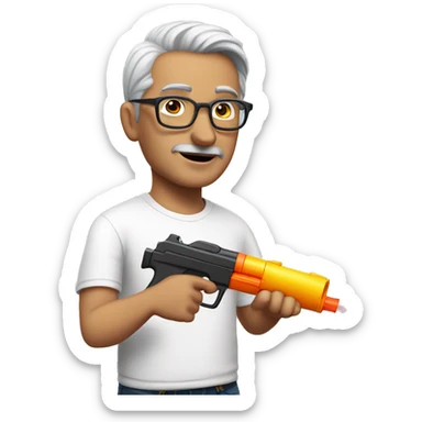 turkish man with glasses and grey hair and white t-shirt pointing a water gun from the side sticker