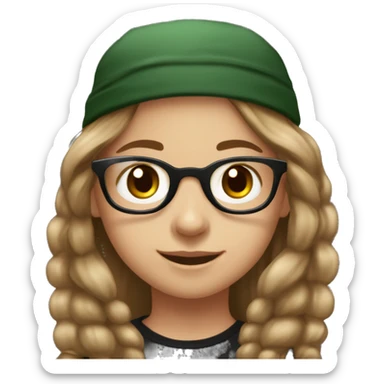 Slavic girl, light skin, smiling with teeth, round brown eyes, spotted frame glasses, long brown straight highlighted hair, black T-shirt, dark green cap, black badge ribbon sticker