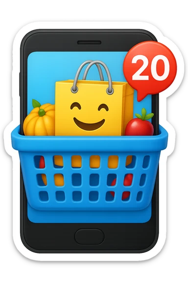 Create a high fidelity emoji style variant with smooth edges featuring a smartphone instead of a monitor, keeping the shopping basket and emoji shopping bag as in the reference image. sticker