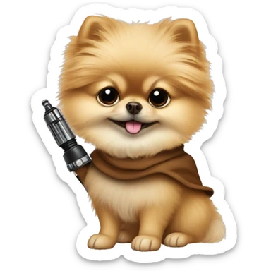 Pomeranian dressed as Luke Skywalker holding a lightsaber sticker