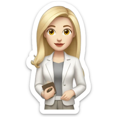 pale skin woman with blonde straight line Hair to shoulders, White classical jacket, Gray Palazzo pants holding a color palette in the hands sticker