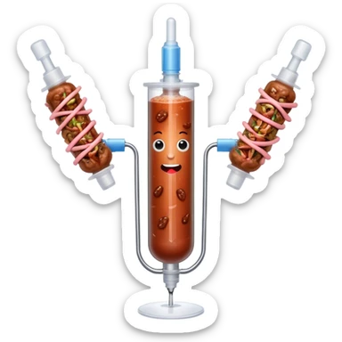 A syringe with arms and legs and a face filled with bulgogi beef sticker