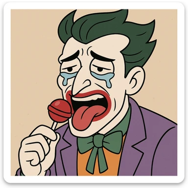 joker with tears streaming down his face, eating a lollipop, cartoon style sticker