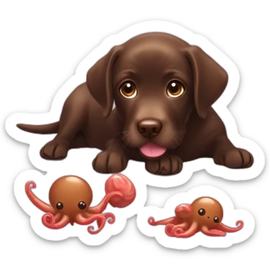 Chocolate labrador playing with cute octupus sticker