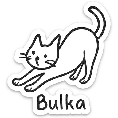 hand-drawn black outline icon of a cat named Bulka, stretching with perked ears sticker